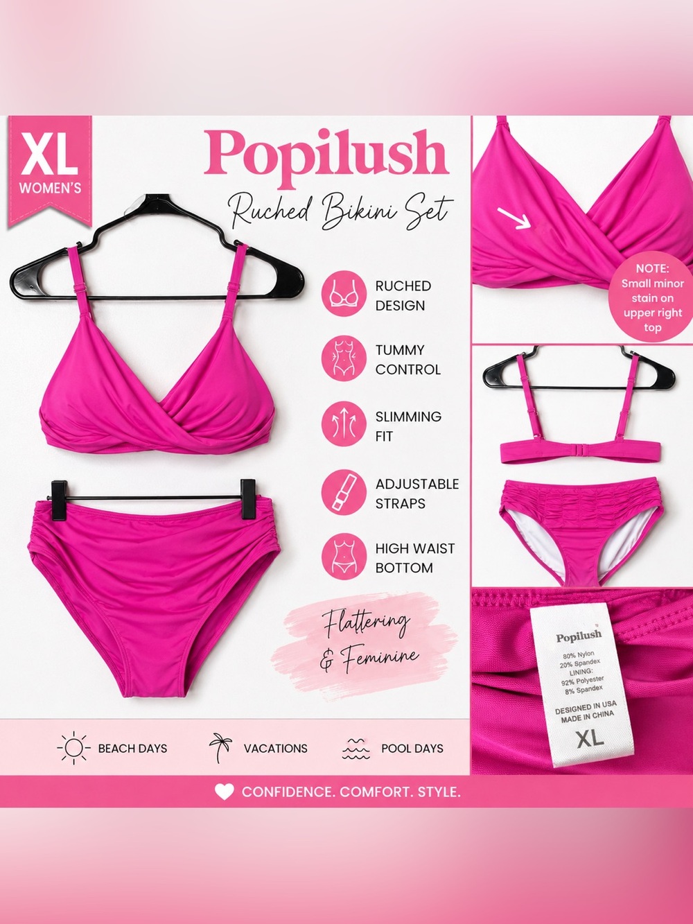 Popilush Women's Ruched High-Waist Bikini Set - Hot Pink
